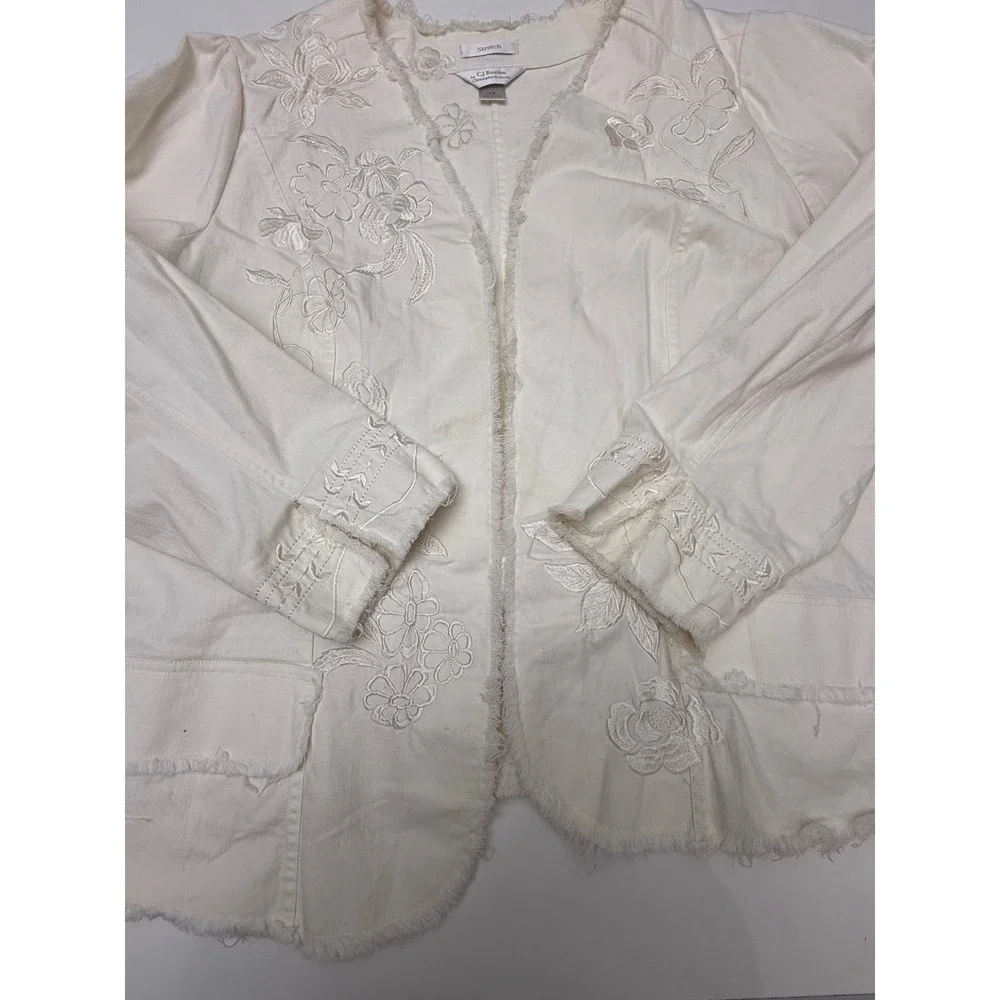 CJ Banks Women's White Embroidered Fringed Collarless Denim Jacket 1X - Picture 7 of 11